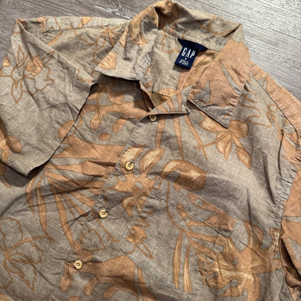 Gap Shirt Mens Small Brown Floral 100% Cotton Camp Loop Collar Resort Aloha